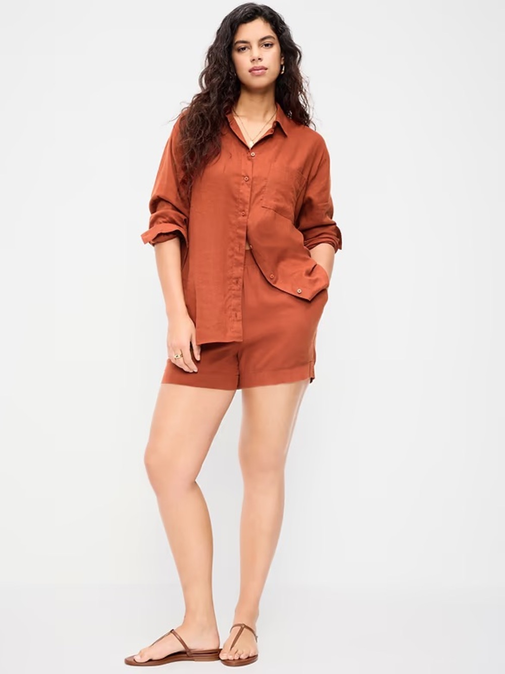 High-Waisted Beach Linen Pull-On Shorts S | Russet Moon